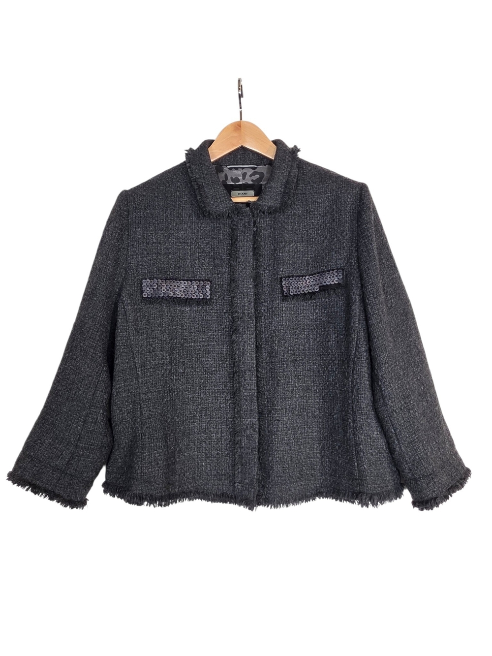RIANI Black Tweed Fringe-Trim Boxy Blazers